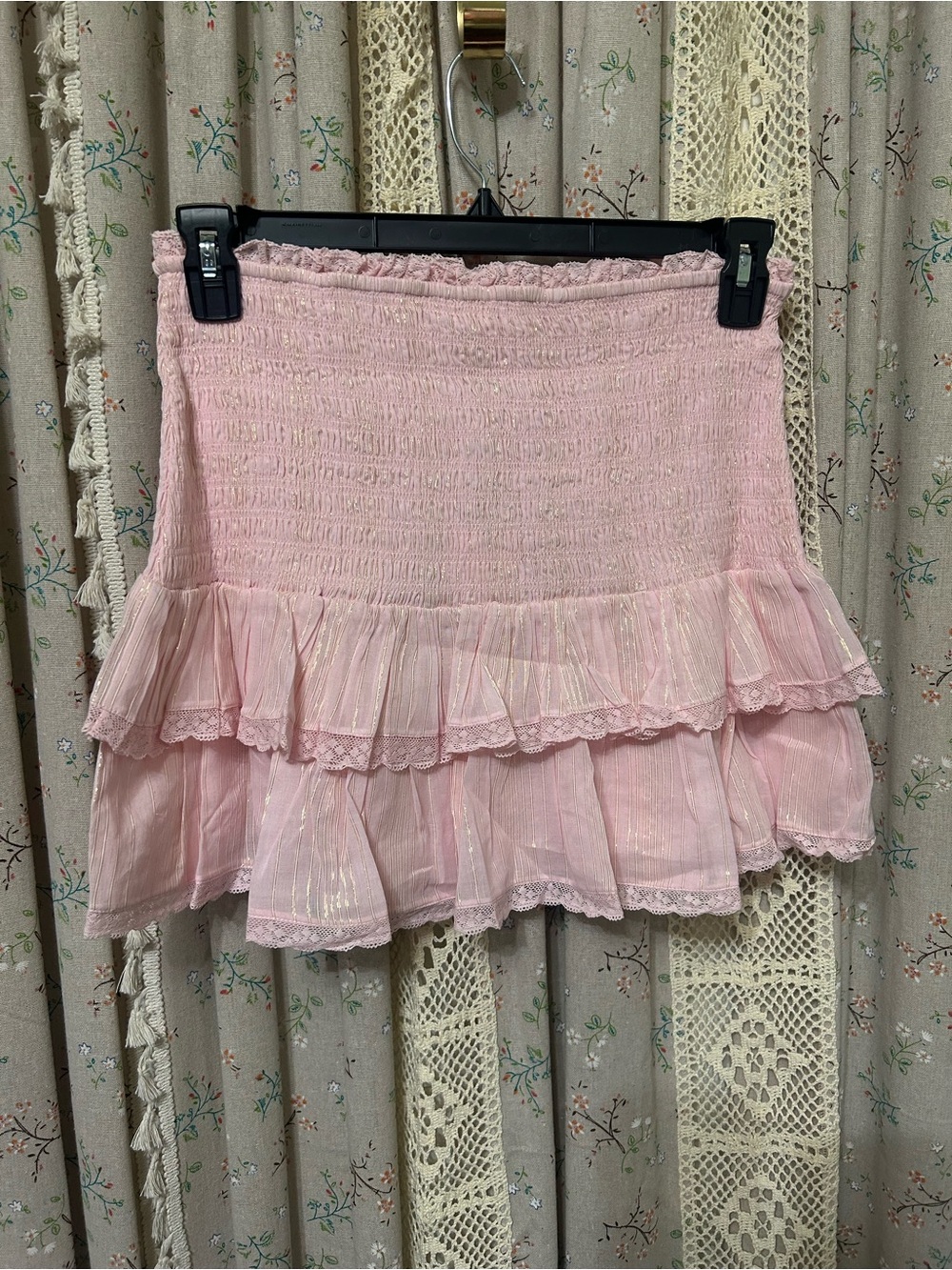 LoveShackFancy Ollyn Pink Shimmer Smocked Tiered Mini Skirt NWT Large - Picture 5 of 5